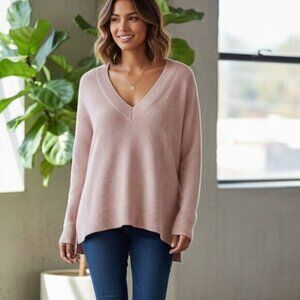 Zara Women's  Sweater Chevron Knit V-neck Asymmetrical Hem Long Sleeve Pink S